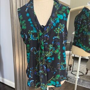 Calvin Klein Black and Green Floral Tie-Neck Blouse